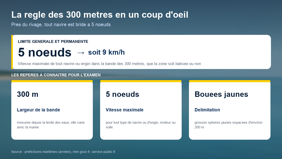 Schéma de la règle des 300 mètres : bande de 300 mètres mesurée depuis la limite des eaux, vitesse maximale de 5 nœuds soit 9 km/h pour tout navire ou engin, délimitation par de grosses bouées sphériques jaunes espacées d'environ 200 mètres