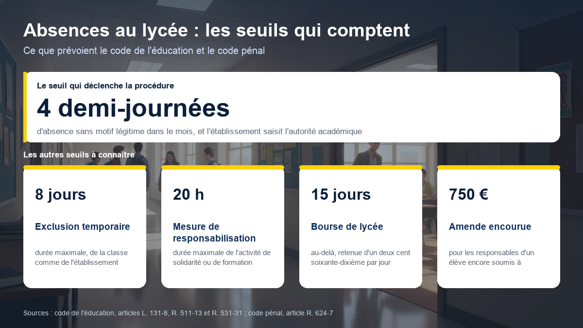 Les seuils applicables aux absences au lycée : quatre demi-journées non justifiées dans le mois, huit jours d'exclusion temporaire maximum, vingt heures de mesure de responsabilisation, quinze jours avant retenue sur la bourse et 750 euros d'amende encourue