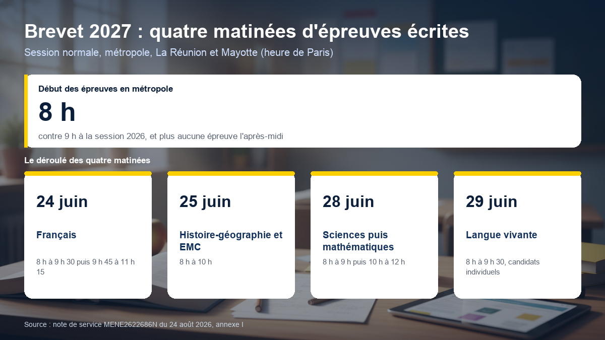Calendrier des épreuves écrites du brevet 2027 : français le 24 juin, histoire-géographie et EMC le 25 juin, sciences et mathématiques le 28 juin, toutes le matin à partir de 8 heures