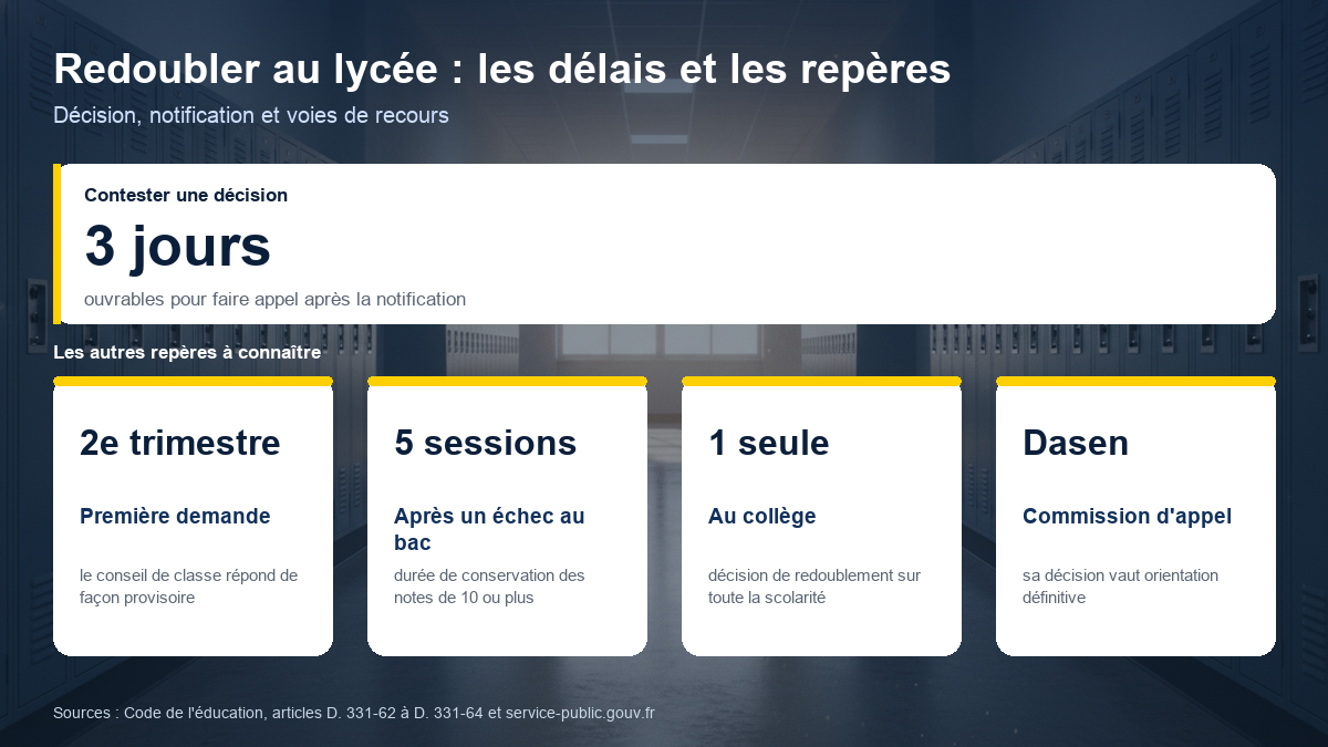 Délais et repères du redoublement au lycée : trois jours ouvrables pour faire appel, demande possible dès le deuxième trimestre, notes conservées cinq sessions après un échec au bac