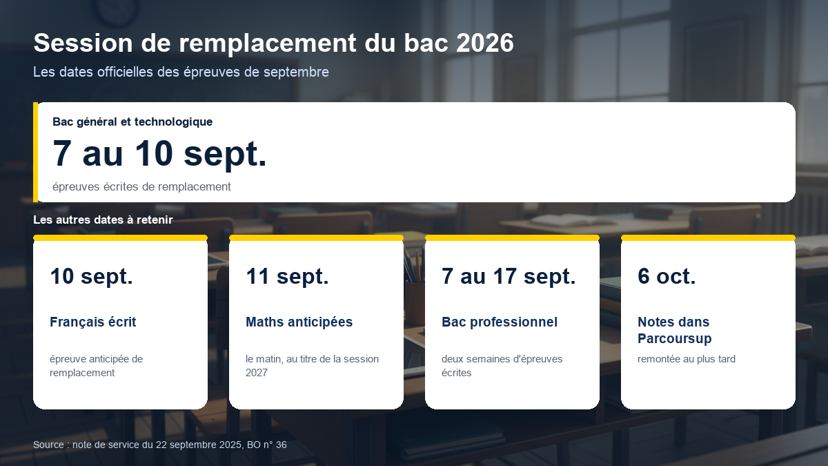 Calendrier de la session de remplacement du baccalauréat en septembre 2026, épreuves écrites du 7 au 10 septembre