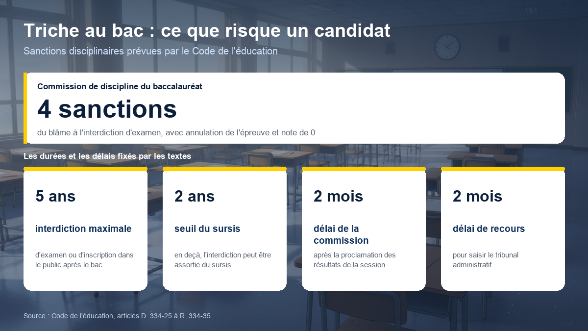 Les sanctions de la triche au bac : quatre sanctions disciplinaires possibles, jusqu'à cinq ans d'interdiction d'examen, sursis possible en deçà de deux ans, deux mois de délai pour la commission et deux mois pour le recours.