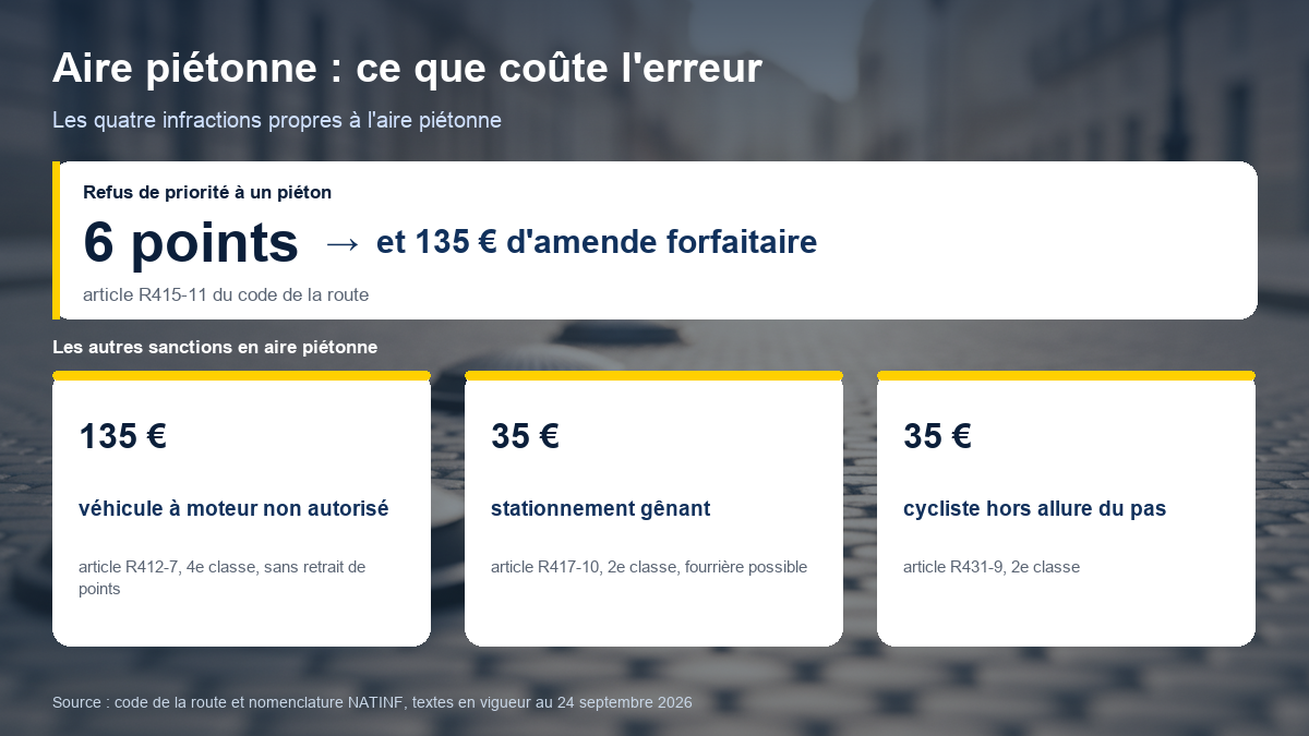Schéma des sanctions en aire piétonne : refus de priorité à un piéton, 6 points et 135 euros ; circulation d'un véhicule à moteur non autorisé, 135 euros ; stationnement gênant, 35 euros ; cycliste hors allure du pas, 35 euros