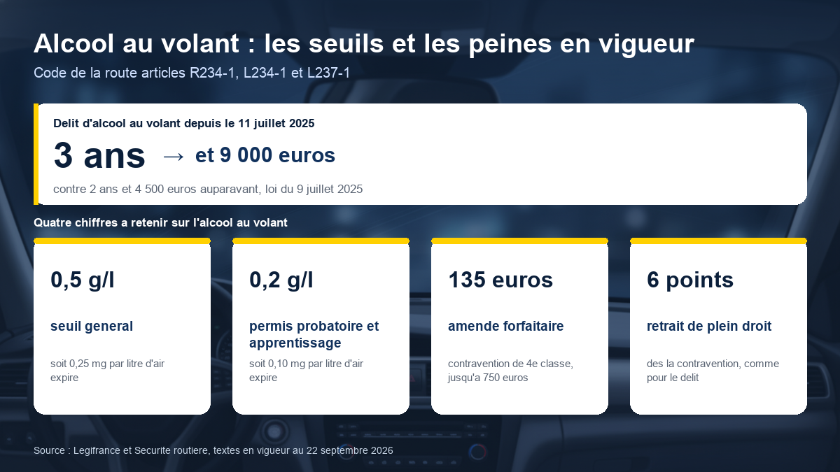 Schéma des seuils d'alcoolémie et des sanctions encourues au volant, avec le seuil général de 0,5 g par litre, le seuil de 0,2 g par litre pour le permis probatoire, l'amende forfaitaire de 135 euros et le retrait de six points
