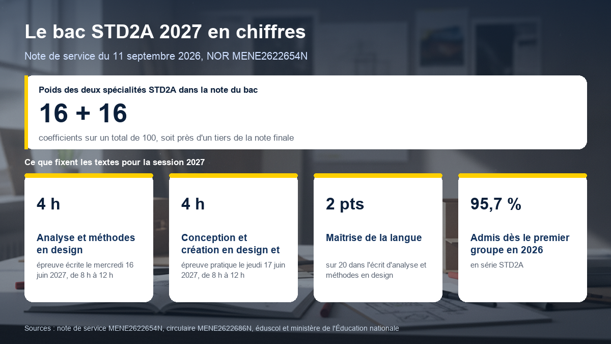 Le bac STD2A 2027 en chiffres : deux spécialités au coefficient 16 chacune sur un total de 100, écrit d'analyse et méthodes en design de 4 heures le 16 juin 2027, épreuve pratique de conception et création en design et métiers d'art de 4 heures le 17 juin 2027, 2 points sur 20 réservés à la maîtrise de la langue dans l'écrit, 95,7 % d'admis au premier groupe en 2026