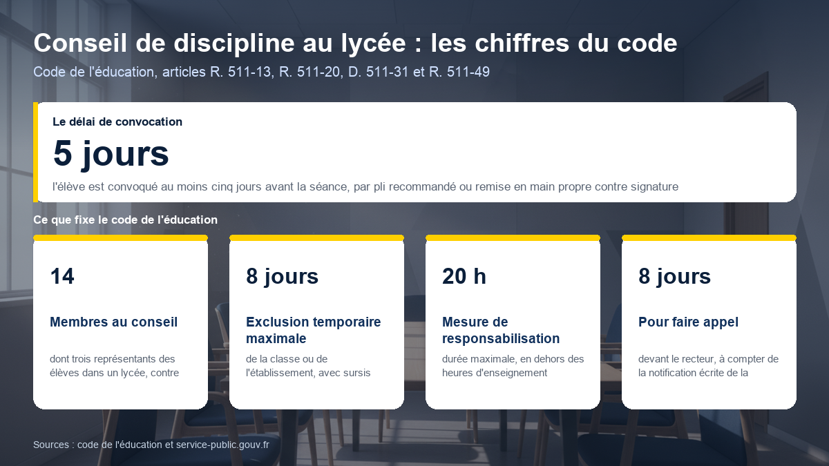 Chiffres clés du conseil de discipline au lycée : convocation cinq jours avant la séance, quatorze membres dont trois représentants des élèves, exclusion temporaire de huit jours maximum, mesure de responsabilisation de vingt heures maximum, huit jours pour faire appel devant le recteur