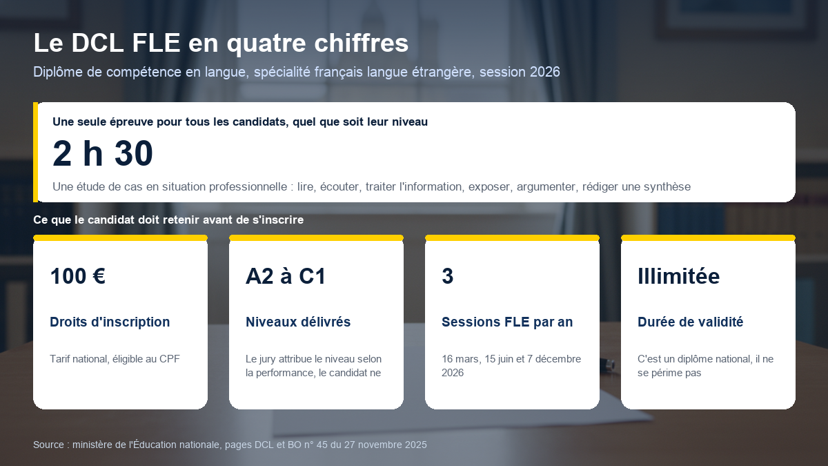 Schéma récapitulatif du DCL FLE : durée de l'épreuve de 2 h 30, droits d'inscription de 100 euros, niveaux A2 à C1 attribués par le jury, trois sessions par an et validité illimitée du diplôme
