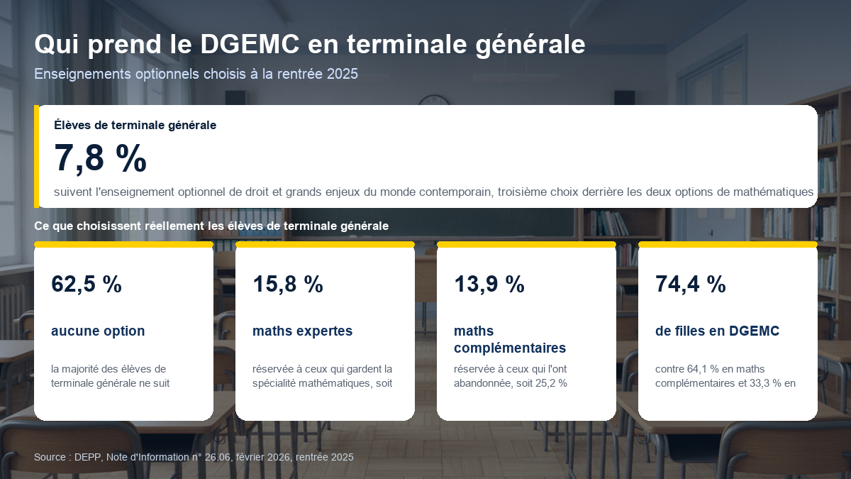 Les enseignements optionnels en terminale générale à la rentrée 2025 : 62,5 % des élèves n'en suivent aucun, 15,8 % prennent maths expertes, 13,9 % maths complémentaires et 7,8 % le DGEMC, option composée à 74,4 % de filles