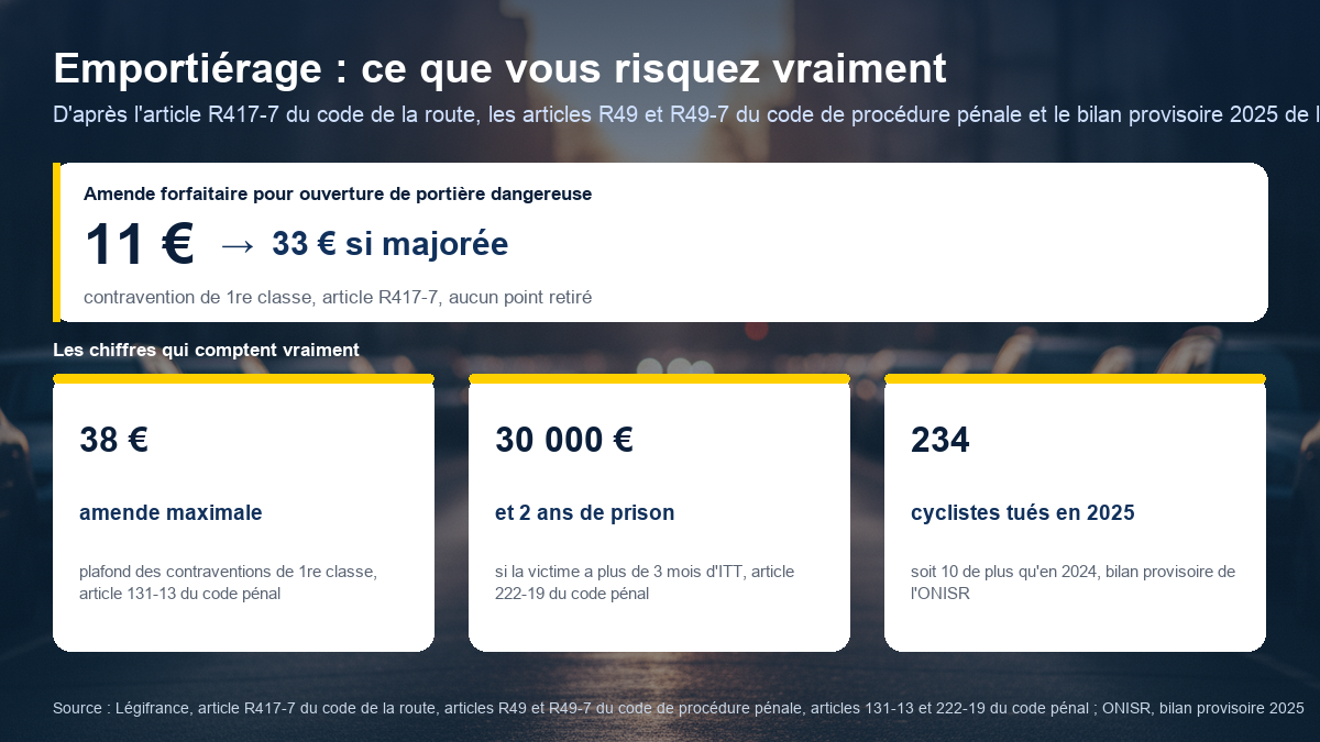 Schéma des sanctions de l'emportiérage : amende forfaitaire de 11 euros, majorée à 33 euros, plafond de 38 euros pour une contravention de première classe sans retrait de points, jusqu'à 30 000 euros et deux ans de prison en cas de blessures, et 234 cyclistes tués en 2025