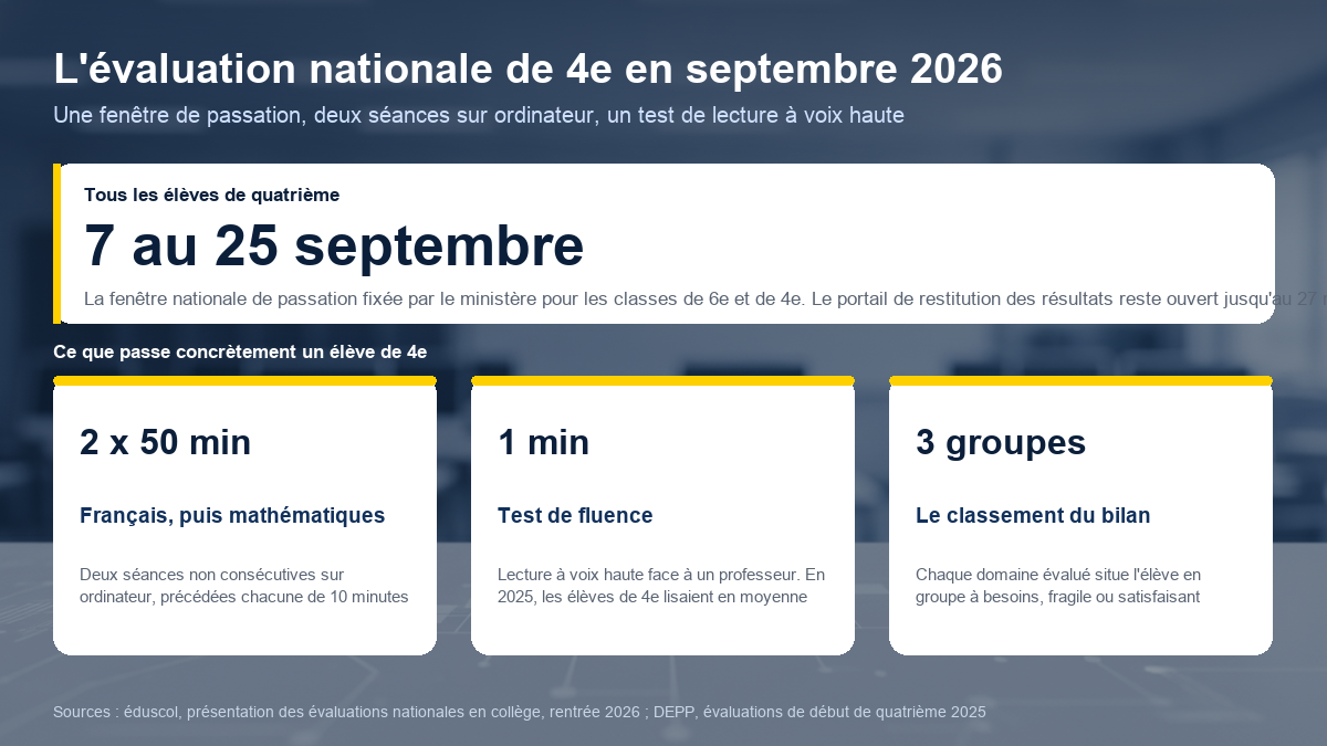 Calendrier et format de l'évaluation nationale de 4e en septembre 2026 : fenêtre du 7 au 25 septembre, deux séances de 50 minutes et test de fluence d'une minute