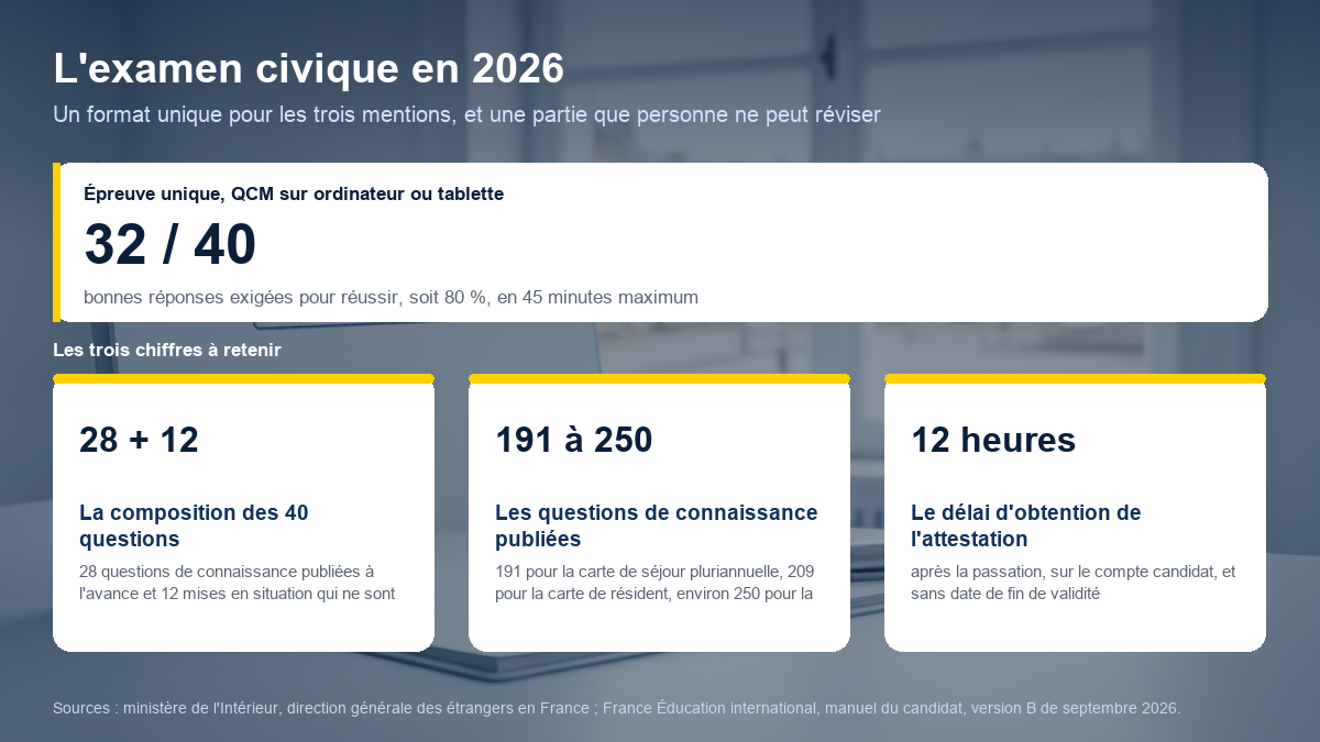 Schéma récapitulatif de l'examen civique en 2026 : 32 bonnes réponses exigées sur 40 questions en 45 minutes, composition en 28 questions de connaissance et 12 mises en situation, de 191 à 250 questions publiées selon la mention, et attestation disponible 12 heures après la passation.