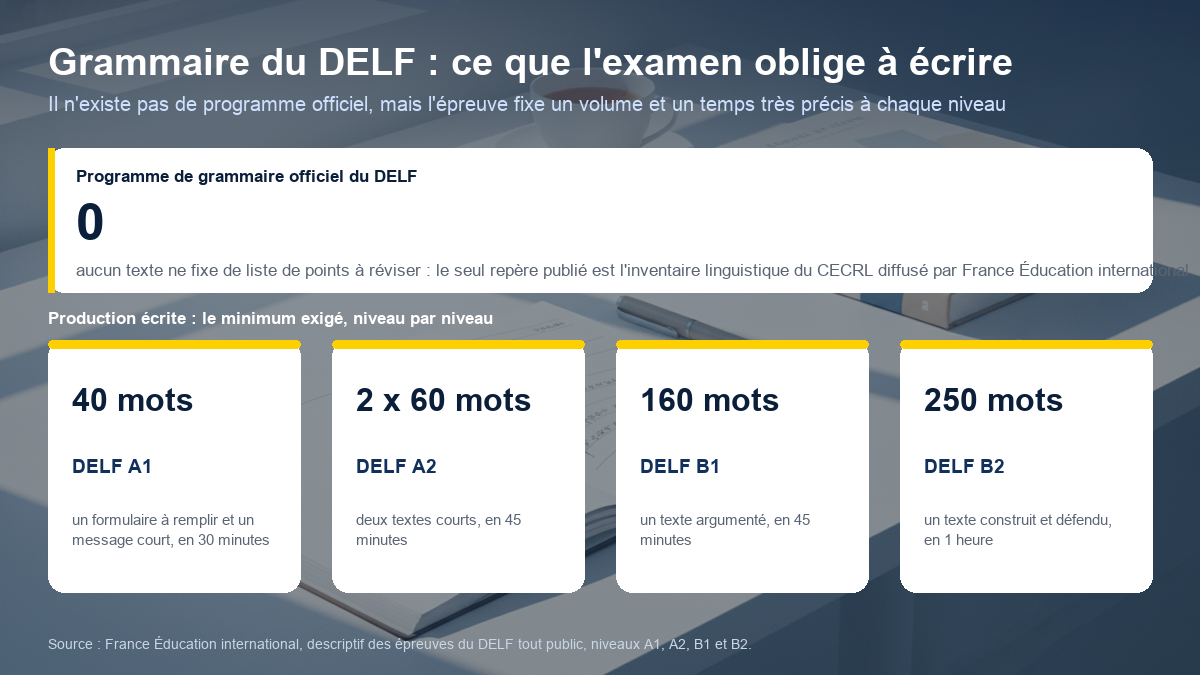 Schéma récapitulatif de la grammaire du DELF : aucun programme officiel de grammaire n'existe, et volume de production écrite exigé à chaque niveau, 40 mots au A1, deux textes de 60 mots au A2, 160 mots au B1 et 250 mots au B2.