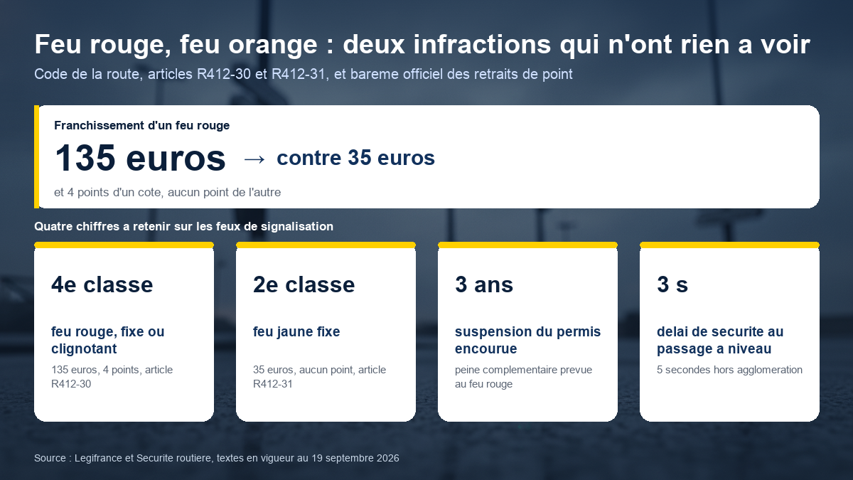 Comparaison des sanctions entre le franchissement d'un feu rouge et celui d'un feu orange fixe au code de la route, avec les classes de contravention, les montants et les points retirés