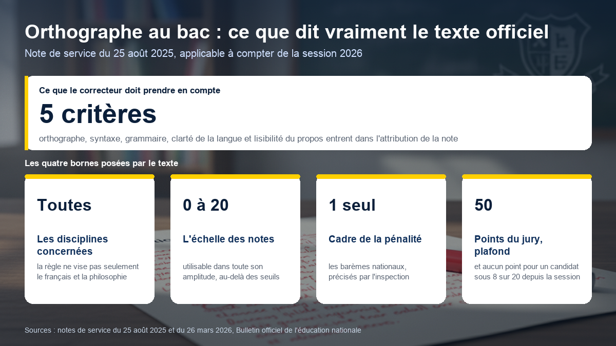 Orthographe au bac : cinq critères de qualité rédactionnelle pris en compte dans toutes les disciplines, échelle de notes de 0 à 20 utilisable dans toute son amplitude, pénalité encadrée par les seuls barèmes nationaux, points du jury plafonnés à 50