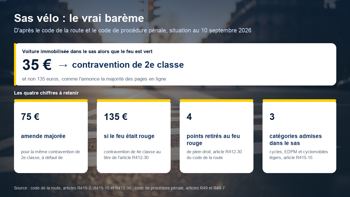 Barème du sas vélo : 35 euros d'amende forfaitaire pour une contravention de deuxième classe quand une voiture s'immobilise dans le sas au feu vert, 75 euros en amende majorée, 135 euros et 4 points retirés lorsque le feu était rouge au titre de l'article R412-30, et 3 catégories de véhicules admises dans le sas selon l'article R415-15