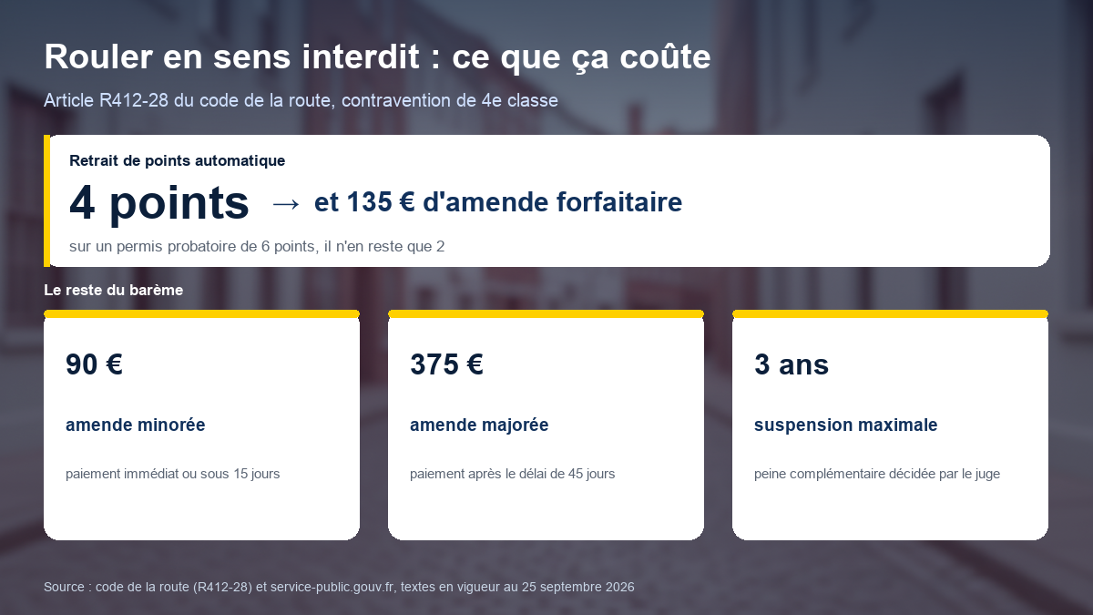 Schéma des sanctions pour circulation en sens interdit : retrait de 4 points et amende forfaitaire de 135 euros, amende minorée de 90 euros, amende majorée de 375 euros, suspension du permis jusqu'à 3 ans