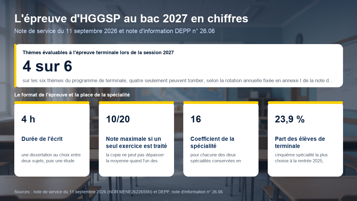 L'épreuve d'HGGSP au bac 2027 en chiffres : quatre thèmes évaluables sur six, écrit de 4 heures en deux exercices, note plafonnée à 10 sur 20 si un seul exercice est traité, coefficient 16