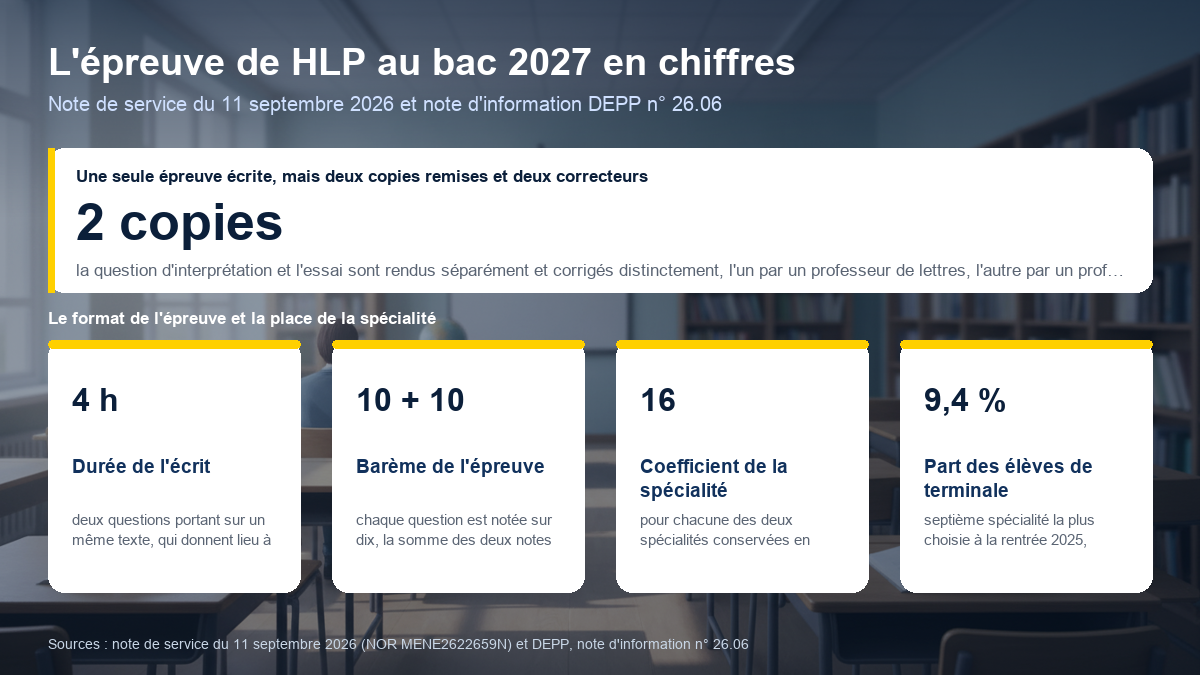 L'épreuve de HLP au bac 2027 en chiffres : deux copies distinctes et deux correcteurs, écrit de 4 heures, barème de 10 plus 10, coefficient 16, 9,4 pour cent des élèves de terminale