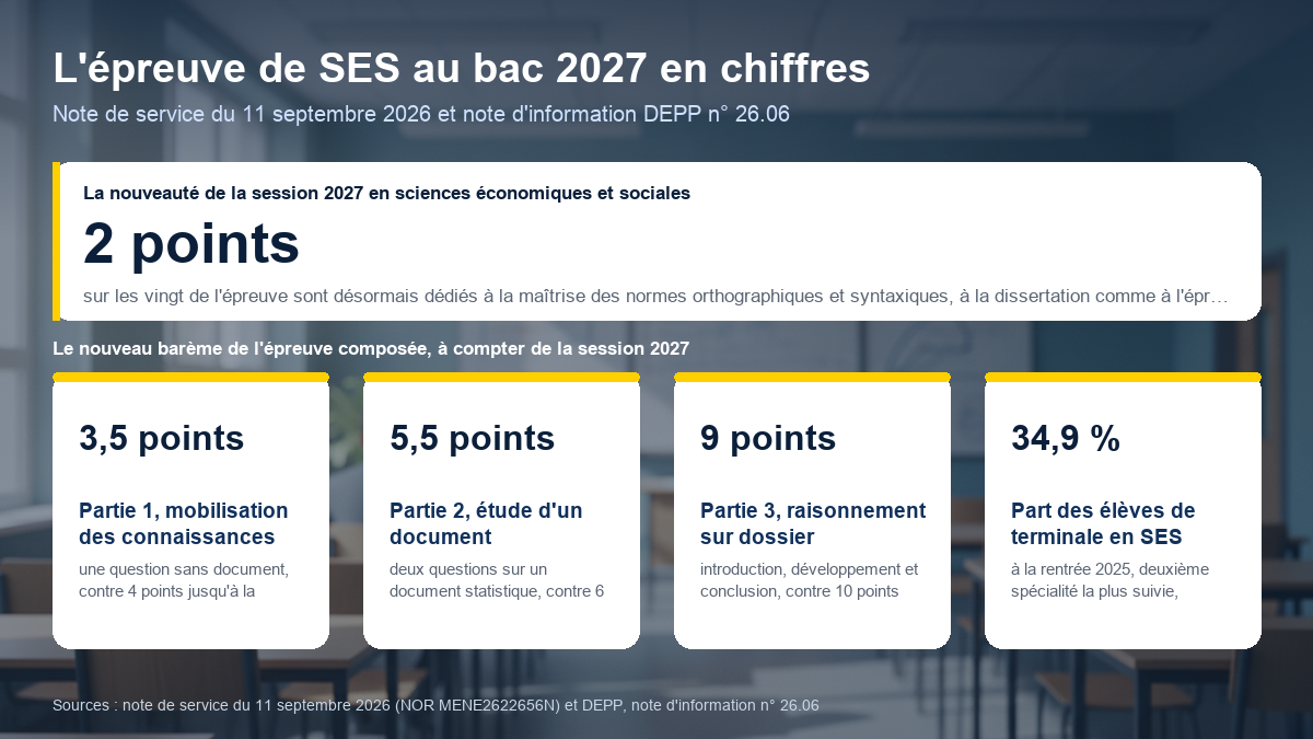 L'épreuve de SES au bac 2027 en chiffres : deux points sur vingt dédiés à la maîtrise de la langue, épreuve composée notée 3,5, 5,5 et 9 points, 34,9 % des élèves de terminale en SES