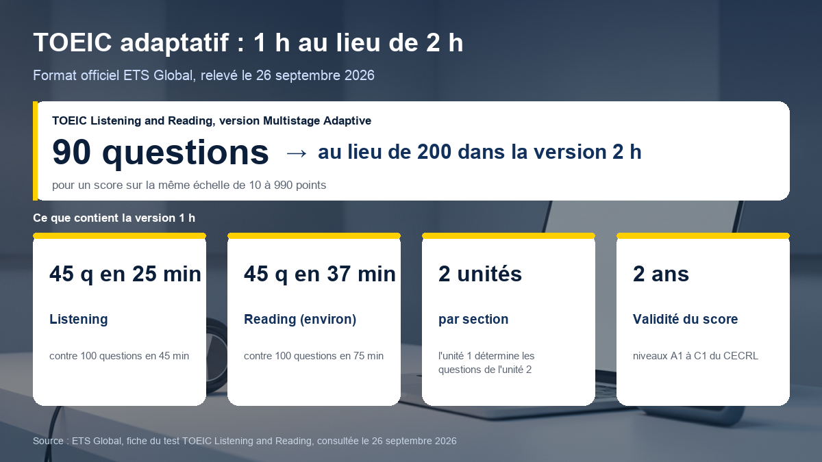 Comparaison du TOEIC adaptatif et du TOEIC classique : 90 questions en une heure contre 200 questions en deux heures, 45 questions de Listening en 25 minutes, 45 questions de Reading en 37 minutes environ, score de 10 à 990 valable 2 ans
