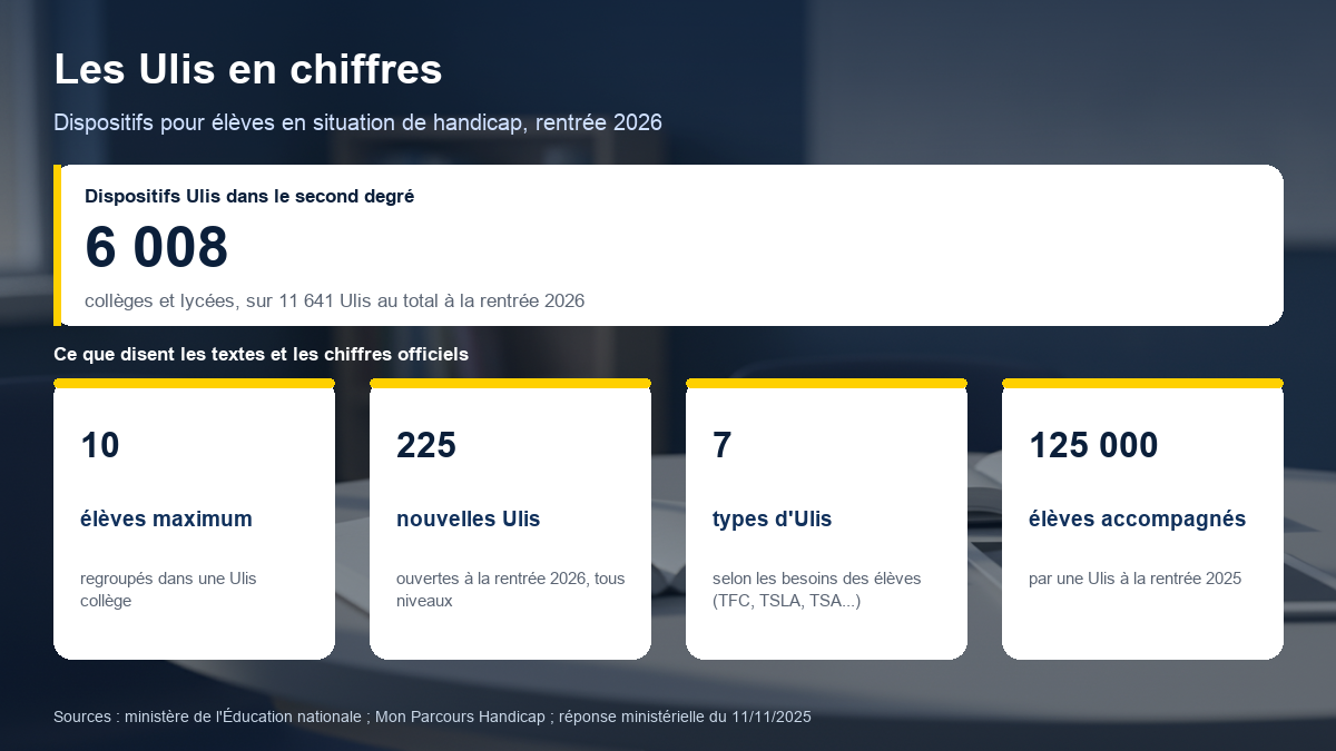 Les Ulis en chiffres : 6 008 dispositifs dans le second degré sur 11 641 à la rentrée 2026, 10 élèves maximum par Ulis collège, 225 nouvelles Ulis ouvertes à la rentrée 2026, 7 types d'Ulis, 125 000 élèves accompagnés à la rentrée 2025