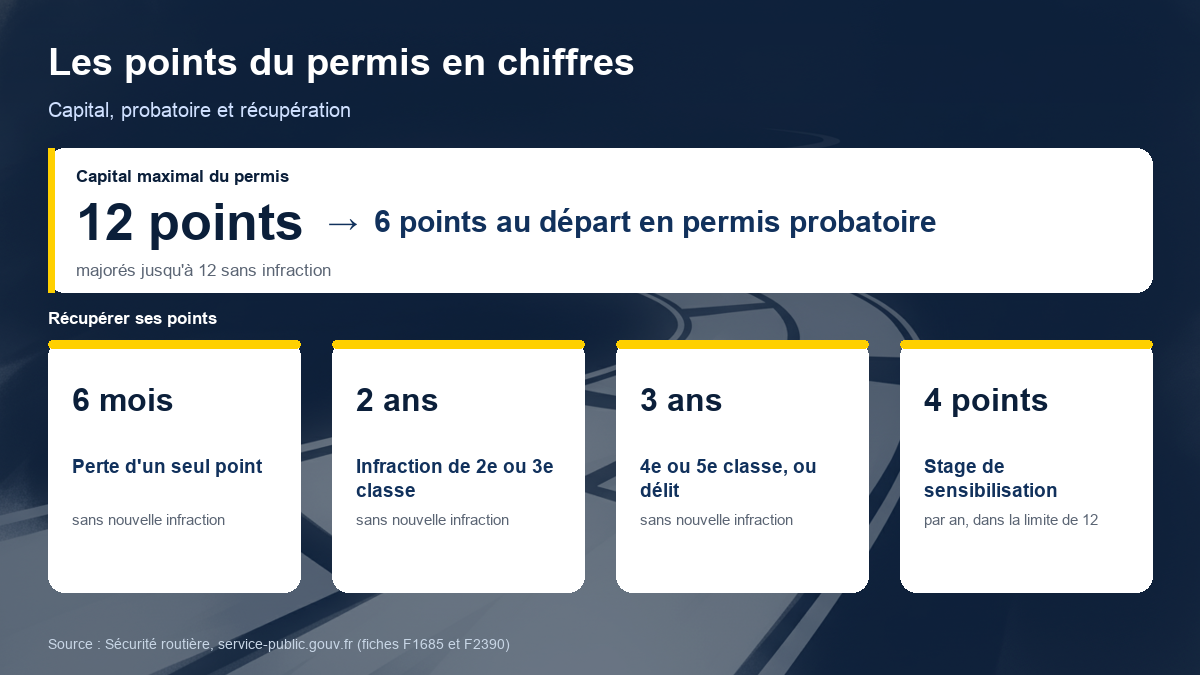 Schéma des points du permis : capital de 12 points, 6 points au départ en permis probatoire, récupération en 6 mois, 2 ans ou 3 ans, stage jusqu'à 4 points par an