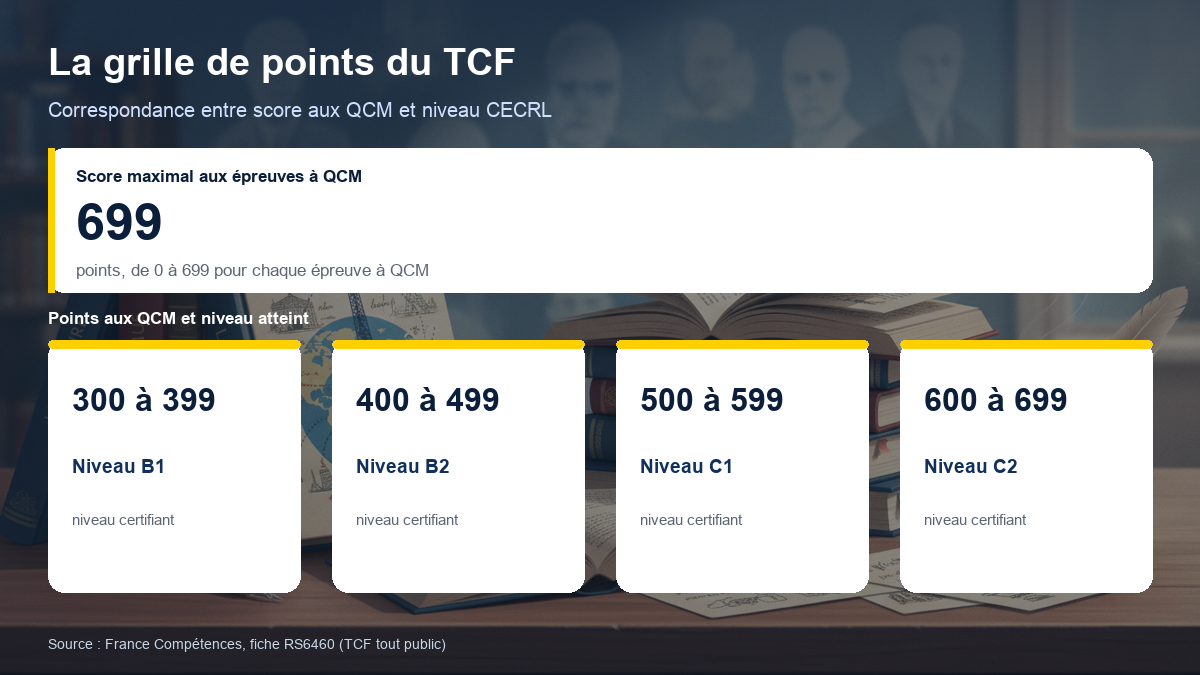 Grille de conversion entre points aux QCM du TCF et niveaux B1, B2, C1 et C2