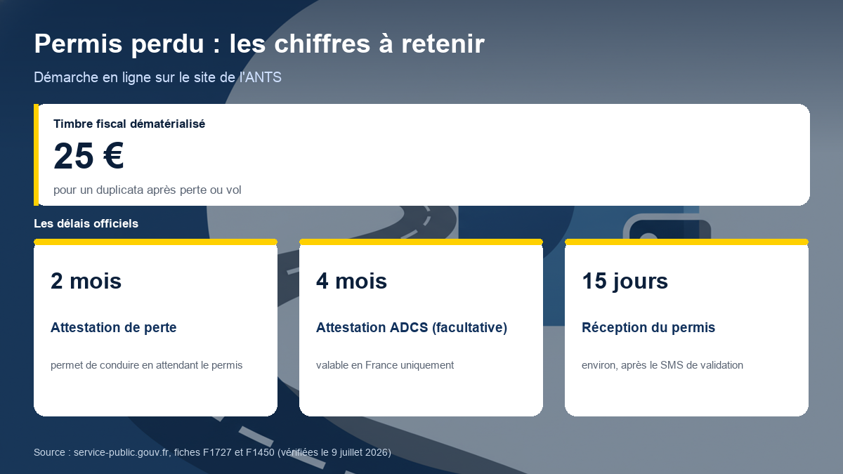 Schéma des chiffres clés après la perte du permis : timbre fiscal de 25 euros, attestation de perte valable 2 mois, attestation ADCS valable 4 mois, réception en environ 15 jours