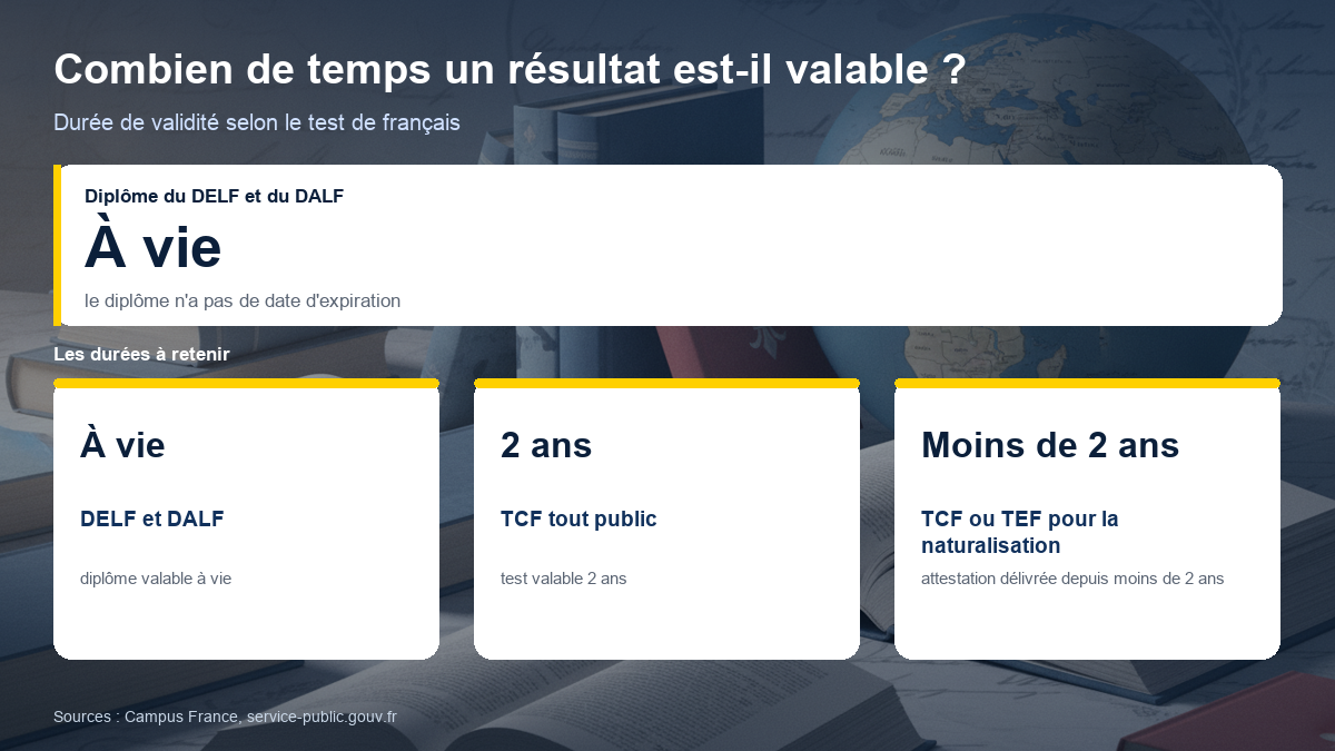 Durées de validité : DELF et DALF à vie, TCF tout public 2 ans, attestation TCF ou TEF pour la naturalisation délivrée depuis moins de 2 ans